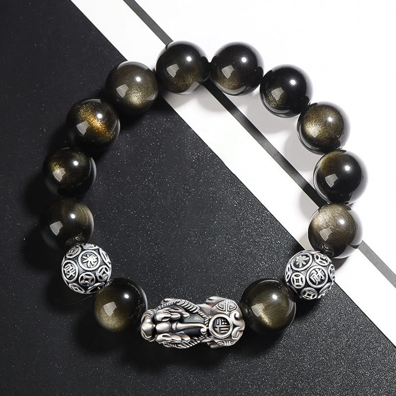 Gold Sheen Obsidian PiXiu Bracelet – Bracelet on black and white diagonal geometric background, men's wealth