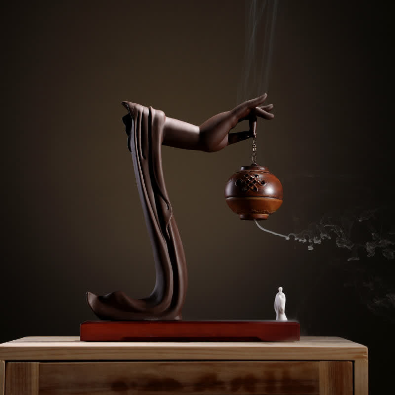 Tibetan Lotus Ceramic Incense Burner – backflow smoke on lotus censer with ink painting backdrop, Peaceful