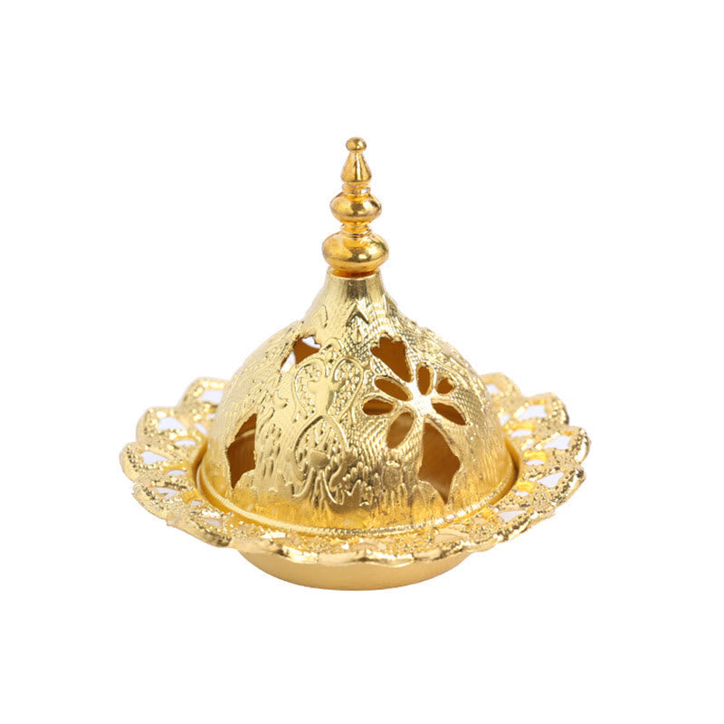 Mini Alloy Incense Burner – gold metal burner with pierced dome and scalloped base, white backdrop