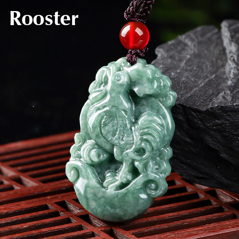 Jade Zodiac Prosperity Necklace – Rooster feather detail on wood lattice, proud, confident