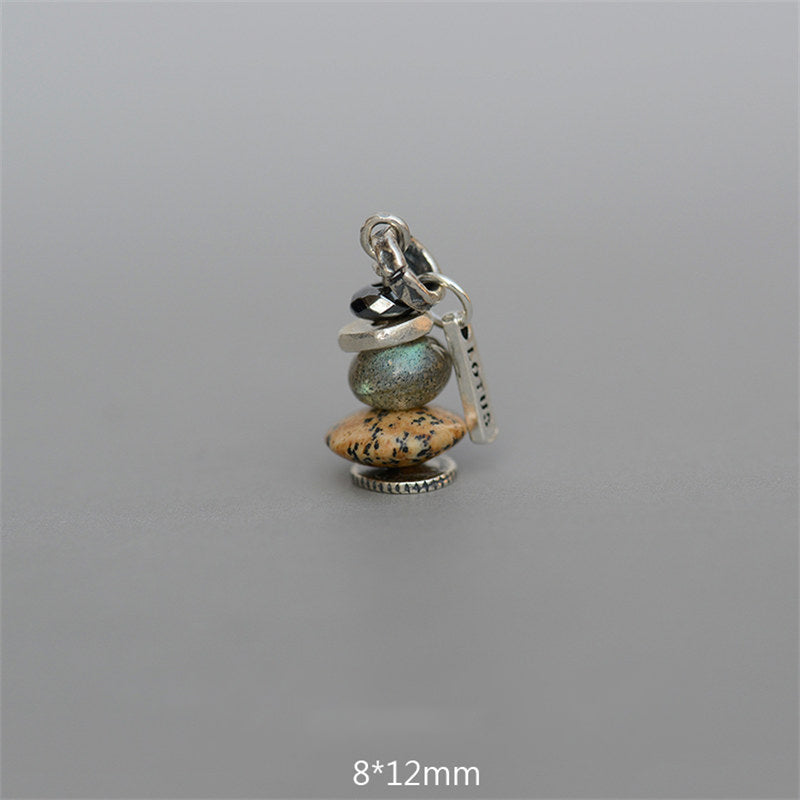 Zen Cairn Crystal Pendant – stacked black crystal and dalmatian jasper charm with silver findings, 8x12mm