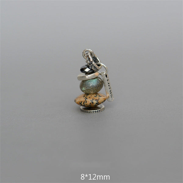 Zen Cairn Crystal Pendant – stacked black crystal and dalmatian jasper charm with silver findings, 8x12mm