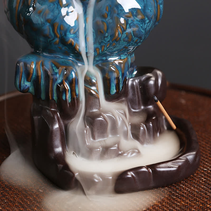Owl Ceramic Incense Burner - close-up of white smoke cascading down rocks, soothing