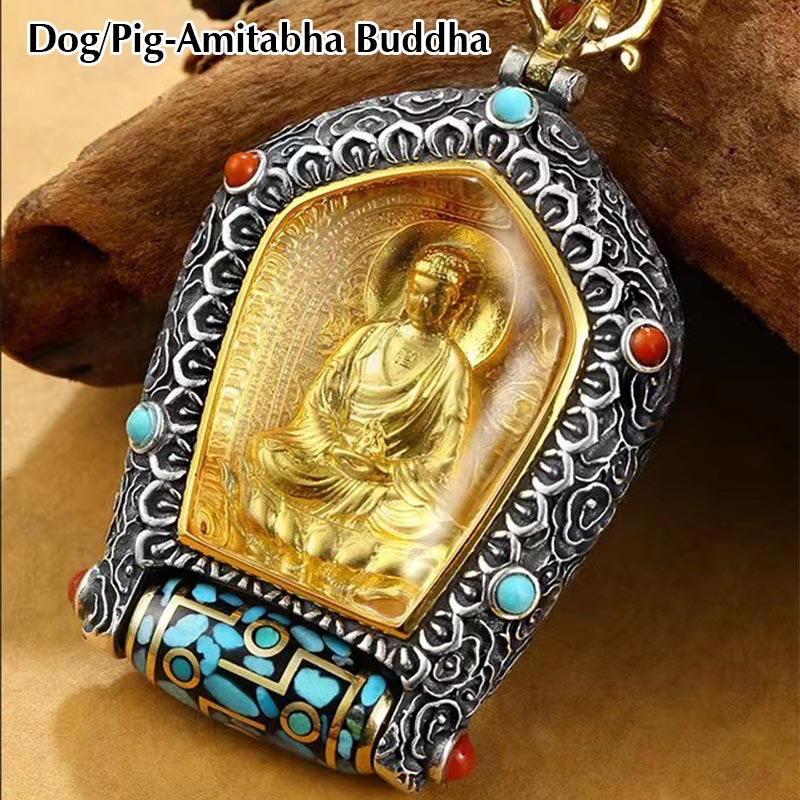 Tibetan Zodiac Buddha Dzi Bead Necklace – Gold Avalokiteshvara Guanyin in ornate silver frame with turquoise coral and prayer wheel, brown branch, warm wood background