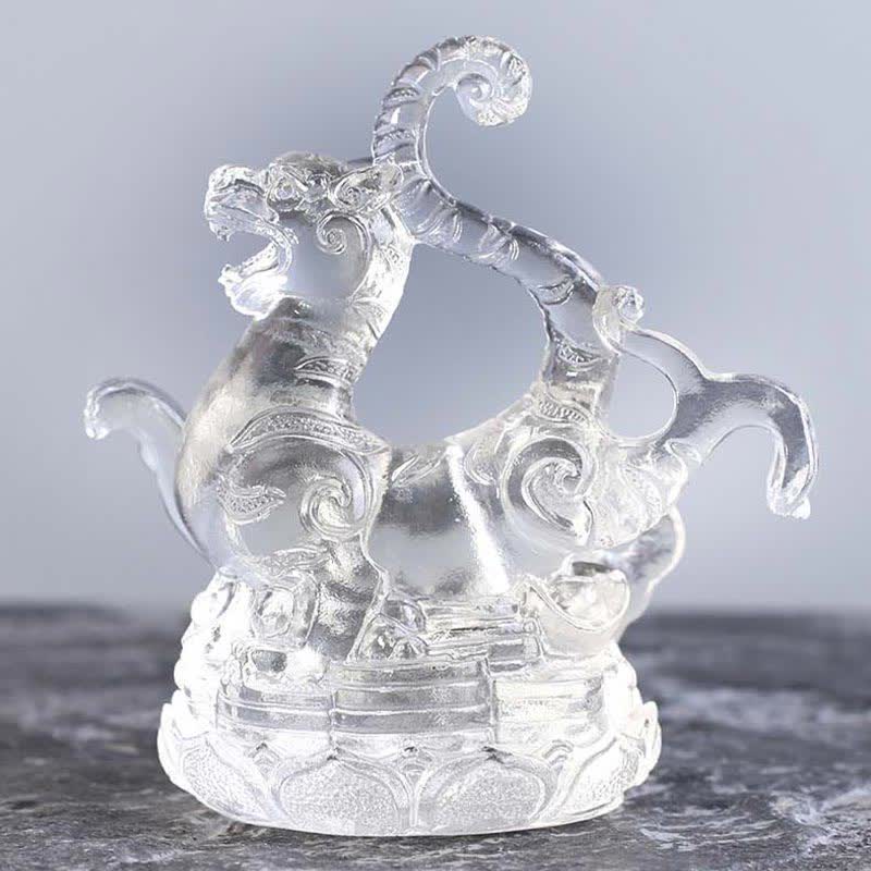 White Tiger Crystal Figurine - rearing guardian lion with horn, clear glass, auspicious