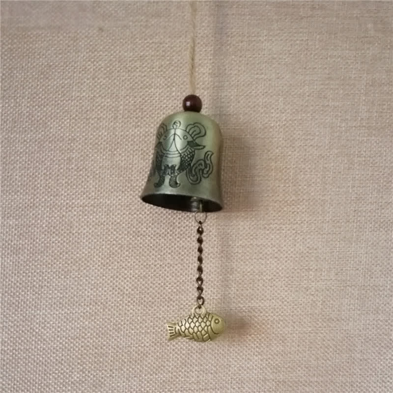 Feng Shui Wind Chime Bell - Green patina bell with engraved qilin mythical creature, fortune decor