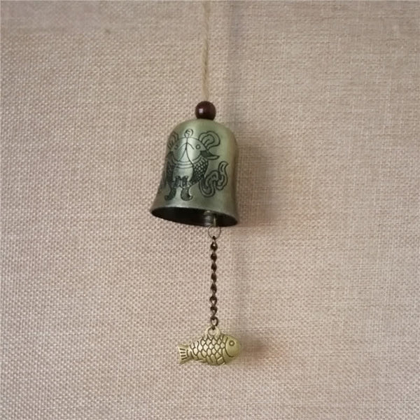 Feng Shui Wind Chime Bell - Green patina bell with engraved qilin mythical creature, fortune decor