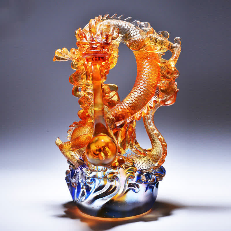Liuli Crystal Dragon Art - Dragon intertwined with ruyi scepter on blue crystal base, auspicious decor