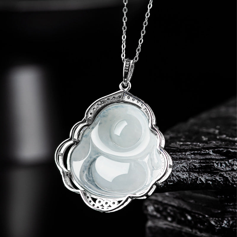 Jade Pendant Back – titanium steel bail detail, laughing Buddha