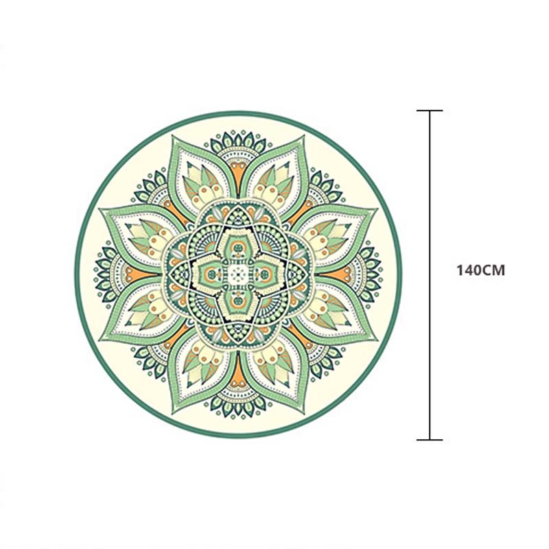 Tibetan Lotus Mandala Yoga Mat orange and blue round mandala design, boho floral pattern with scalloped edge, white bg