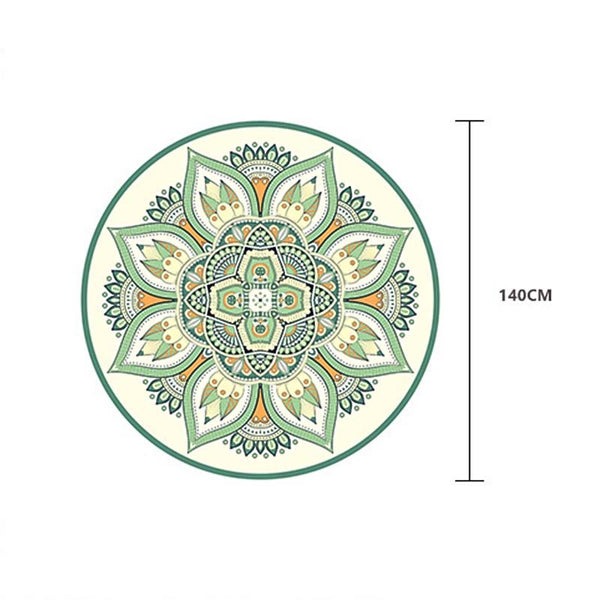 Tibetan Lotus Mandala Yoga Mat orange and blue round mandala design, boho floral pattern with scalloped edge, white bg