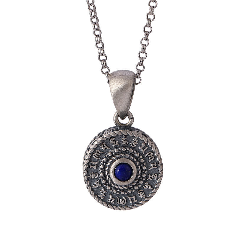 Om Mani Padme Hum Pendant – Front view on white background with concentric mantra rings, silver jewelry