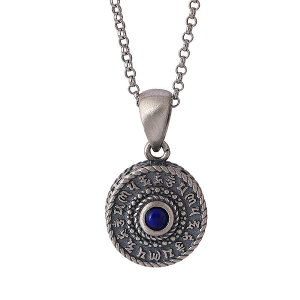 Om Mani Padme Hum Pendant – Front view on white background with concentric mantra rings, silver jewelry