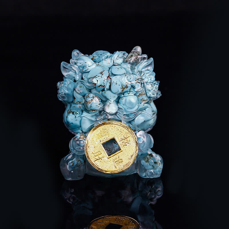 Handmade PiXiu Crystal – Turquoise blue front view on black, wealth crystal