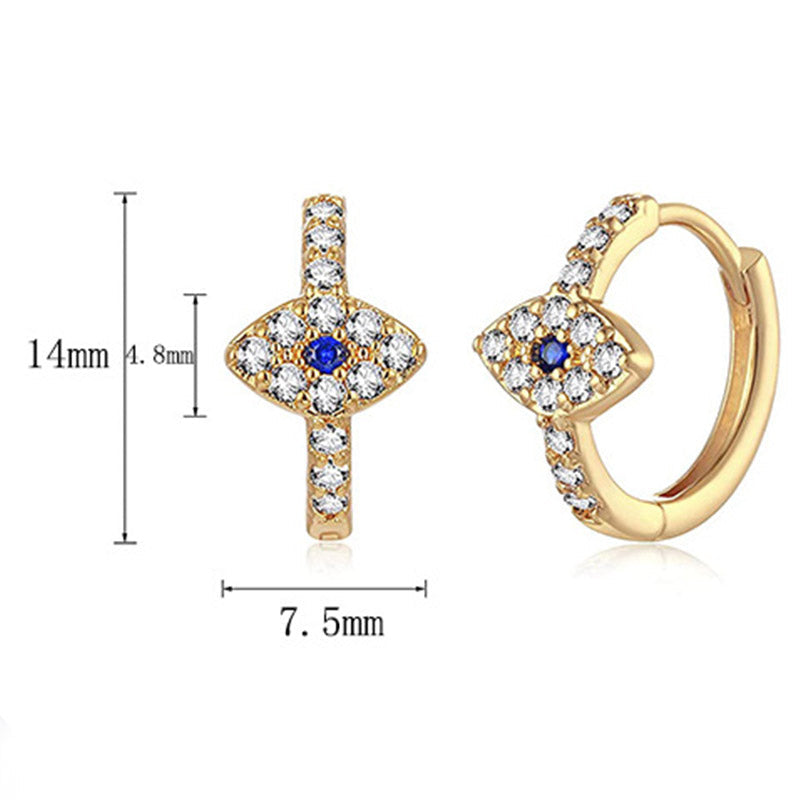 Evil Eye Stud Earrings – Gold evil eye huggie hoops with blue sapphire, 14mm pave CZ detail