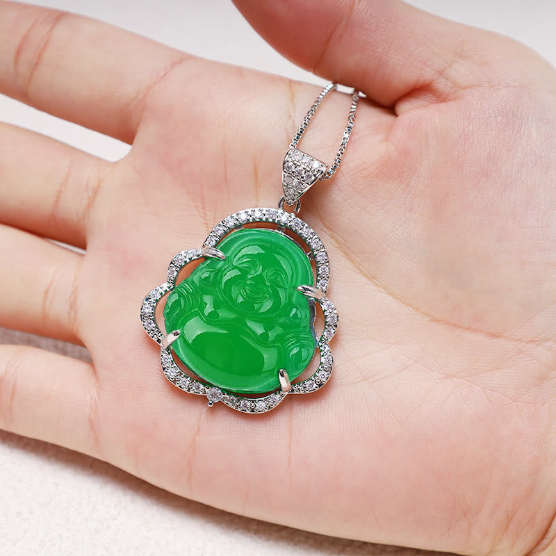 Jade Laughing Buddha Luck Necklace – green jade Buddha held in palm showing scale and craftsmanship, hand-held size