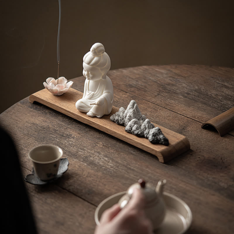 Buddha Ceramic Burner – back view, wood base detail, spiritual decor