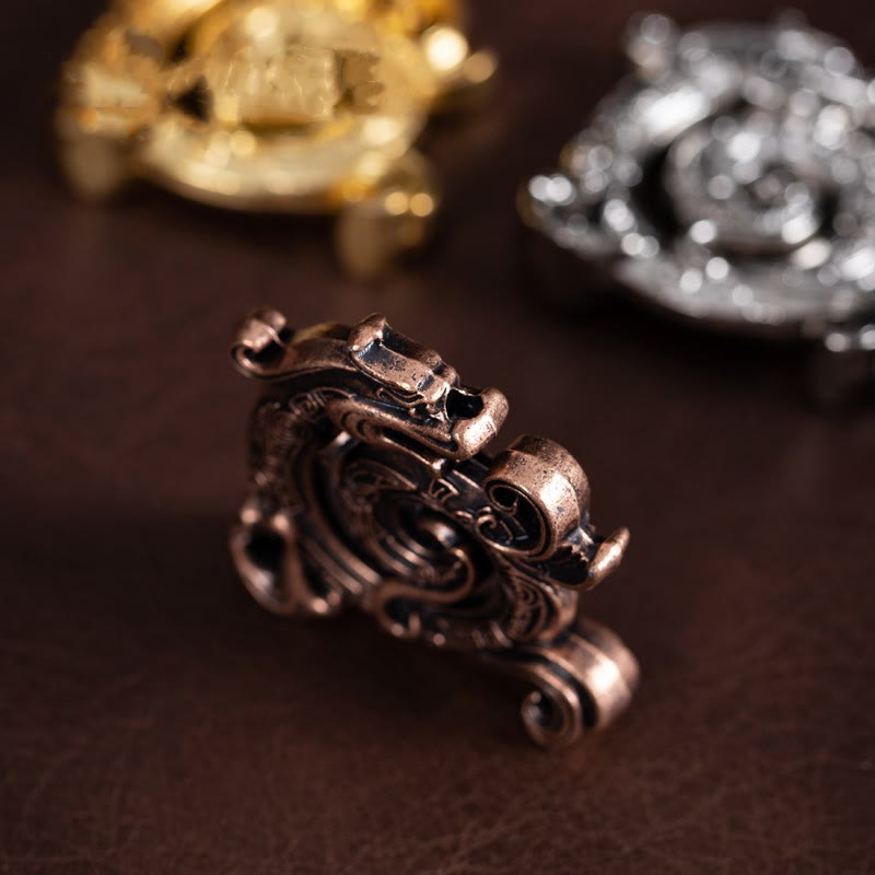 Mini Dragon Incense Burner – Copper filigree statement ring with ornate scrollwork on dark leather, Vintage
