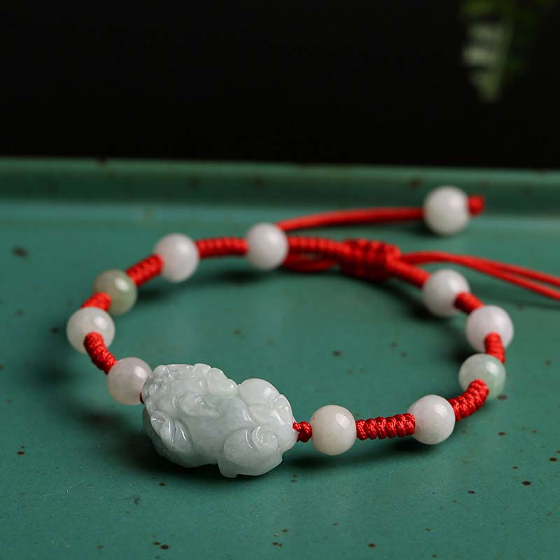 Natural Jade PiXiu Bracelet – pale green jade PiXiu red cord green tray, Chinese talisman