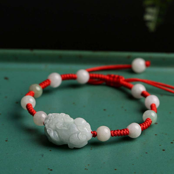 Natural Jade PiXiu Bracelet – pale green jade PiXiu red cord green tray, Chinese talisman