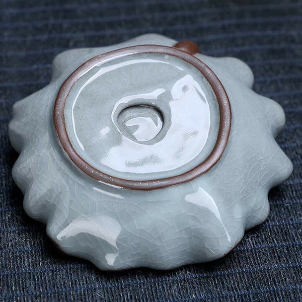 Lotus Ceramic Backflow Incense Burner - overhead view of scalloped petal dish, brown rimmed center well