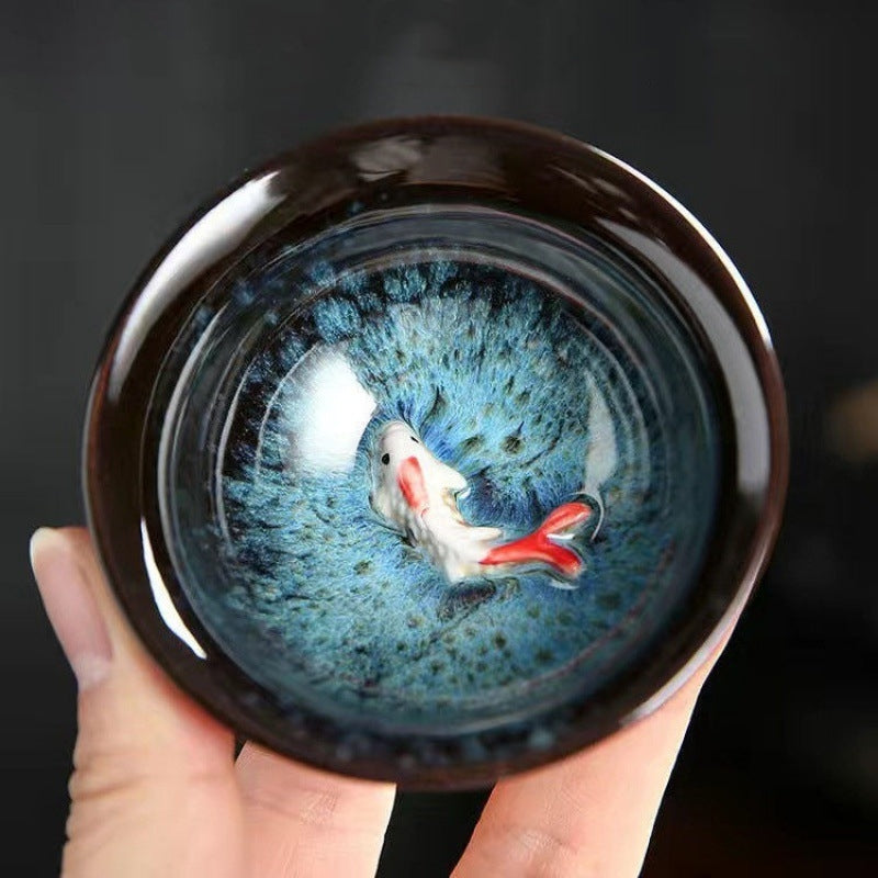 Koi Fish Blue Kiln Jianzhan Ceramic Teacup Kung Fu Tea 75ml – front view, glazed koi cup