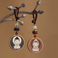 Ebony Avalokitesvara Keychain – front view carved wooden deity pendant on brass ring, Buddhist keyring