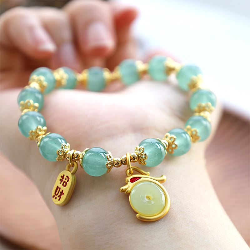 Red Agate Aventurine Dragon Bracelet – Worn on wrist showing green beads and gold pendants, Wearable