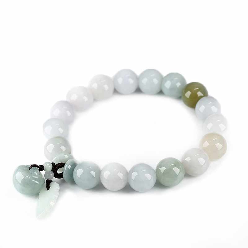 Natural Jade Pi Xiu Buddha Gourd Apple Success Bracelet – round jade beads with PiXiu and gourd charms, white bg