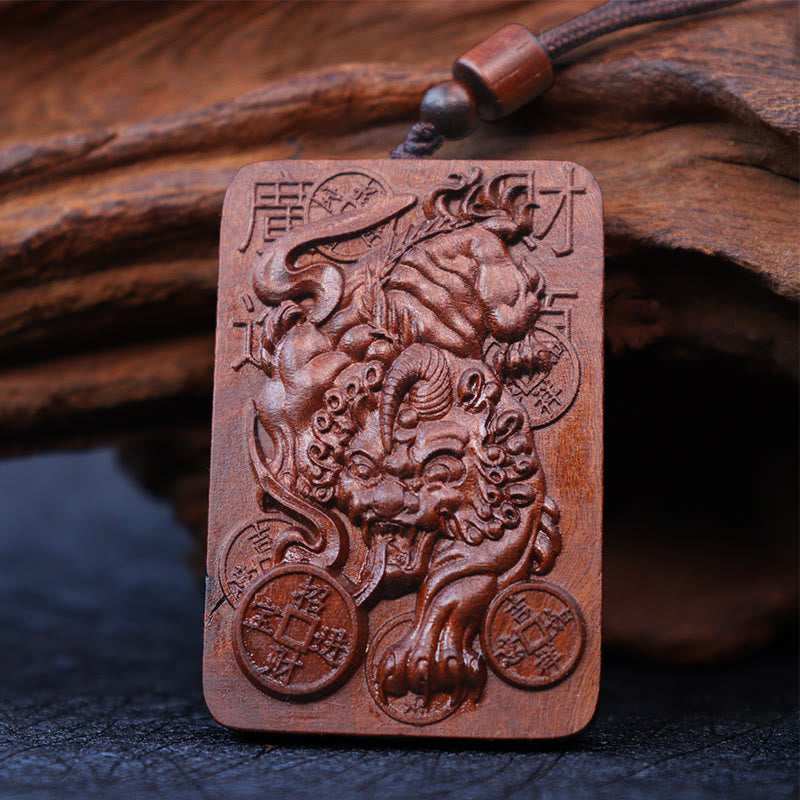 Lightning Struck Jujube Wood PiXiu – Carved wood PiXiu pendant with copper coins