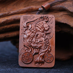 Lightning Struck Jujube Wood PiXiu – Carved wood PiXiu pendant with copper coins