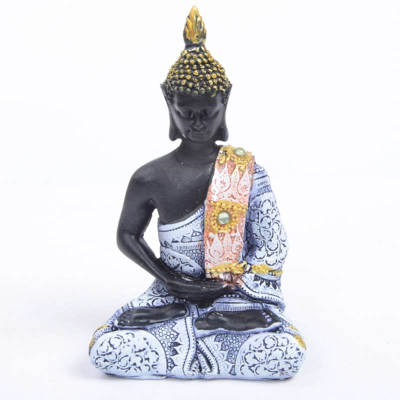 Tibetan Buddha Resin FengShui Decoration – front facing Buddha figure in blue-white patterned robe with golden headdress, meditation altar piece