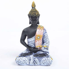 Tibetan Buddha Resin FengShui Decoration – front facing Buddha figure in blue-white patterned robe with golden headdress, meditation altar piece