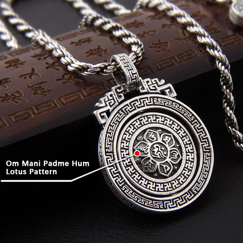 Double Dorje Vajra Rotatable Necklace – lotus pattern with mantra syllables on carved wood, Buddhist jewelry