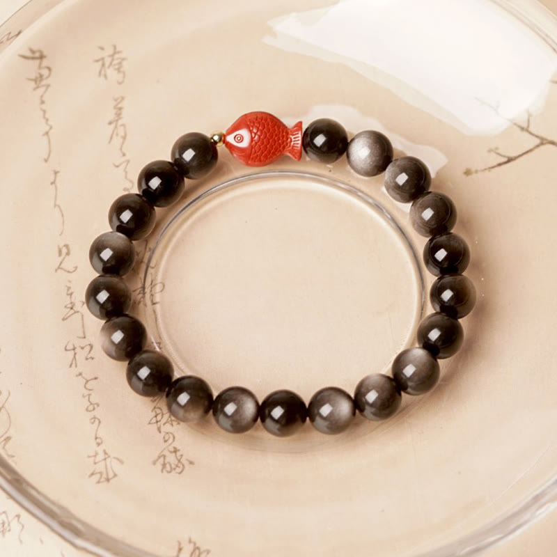 Silver Sheen Obsidian Koi Bracelet – 45-degree angle, cinnabar accent, protective obsidian jewelry