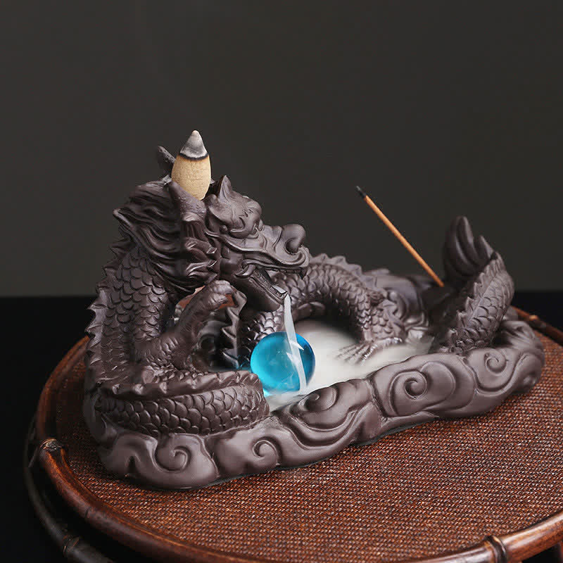 Dragon Backflow Burner - side angle smoke cascade, dark ceramic dragon, dual incense