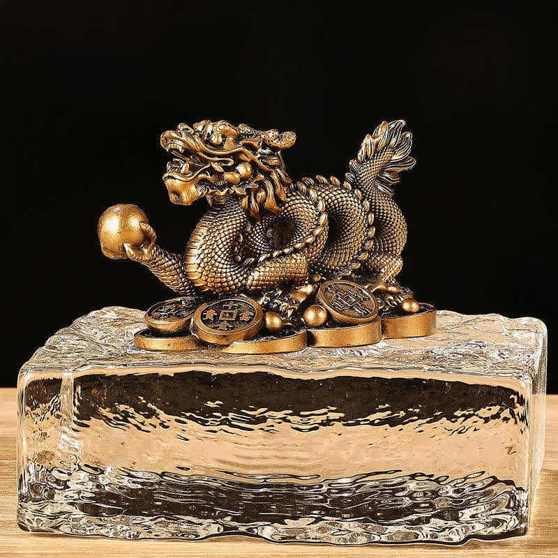 Dragon Copper Coin Decoration - Dragon on crystal base with scattered coins, luxury feng shui piece