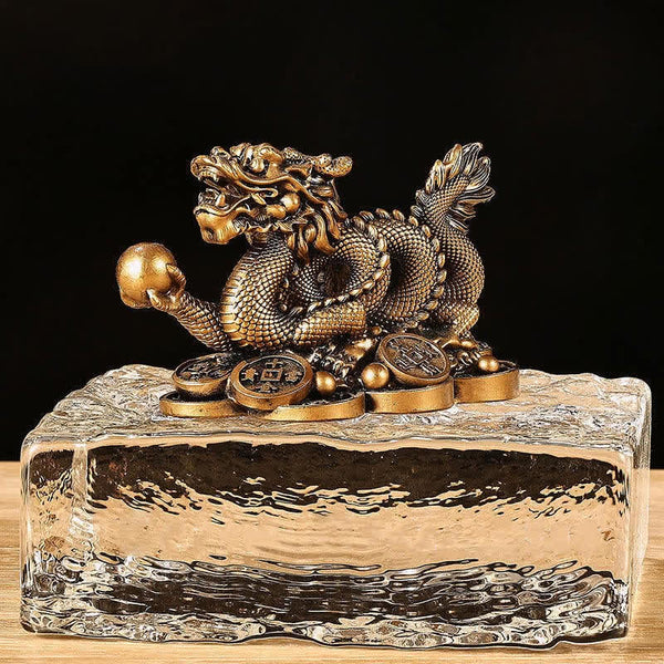 Dragon Copper Coin Decoration - Dragon on crystal base with scattered coins, luxury feng shui piece