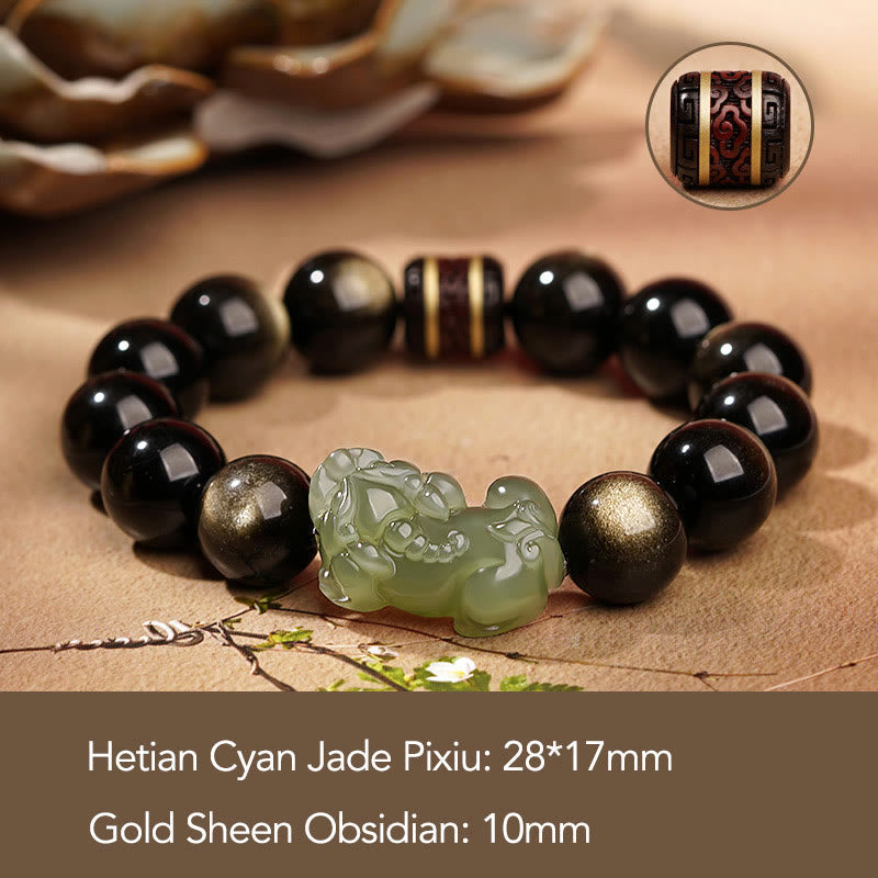 Gold Sheen Obsidian Hetian Jade PiXiu Wealth Bracelet – Green jade PiXiu 10mm gold sheen obsidian with size text overlay