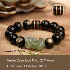 Gold Sheen Obsidian Hetian Jade PiXiu Wealth Bracelet – Green jade PiXiu 10mm gold sheen obsidian with size text overlay