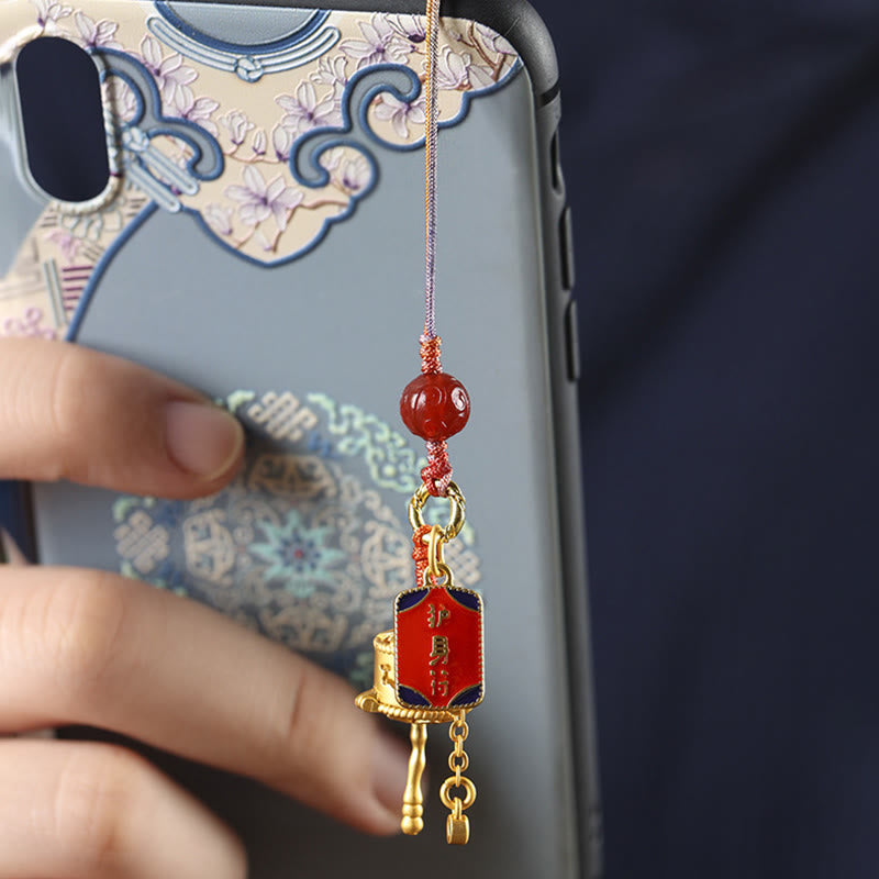 Prayer Wheel Phone Charm – Attached to decorated phone case in hand, phone accessory