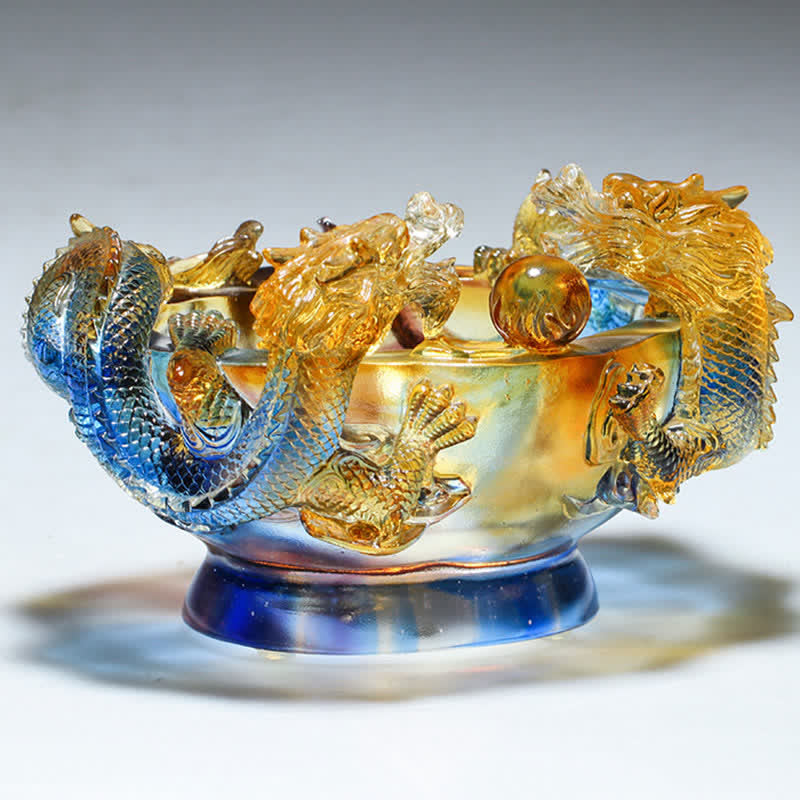 Liuli Crystal Dragon Vessel – Translucent blue glass with detailed twin dragon carving, Auspicious
