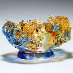 Liuli Crystal Dragon Vessel – Translucent blue glass with detailed twin dragon carving, Auspicious