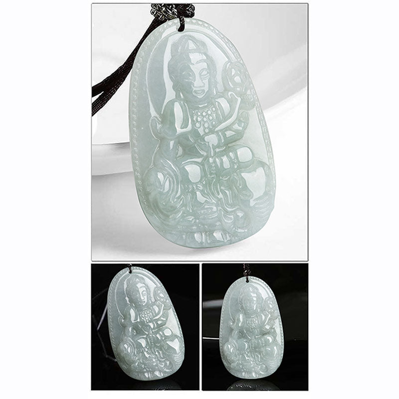 Zodiac Buddha Jade Necklace – three angles of guardian jade pendant, white and dark backdrop, carved lotus base