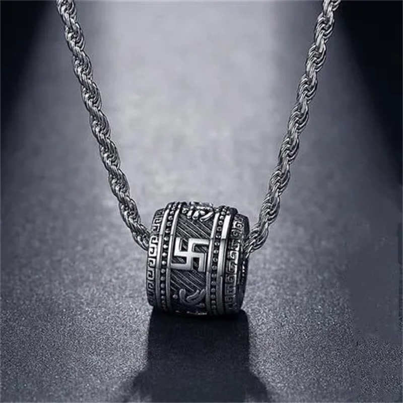 Tibetan Om Mani Padme Hum Pendant - Oxidized barrel pendant with sacred symbol carving, men spiritual necklace