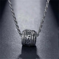 Tibetan Om Mani Padme Hum Pendant - Oxidized barrel pendant with sacred symbol carving, men spiritual necklace