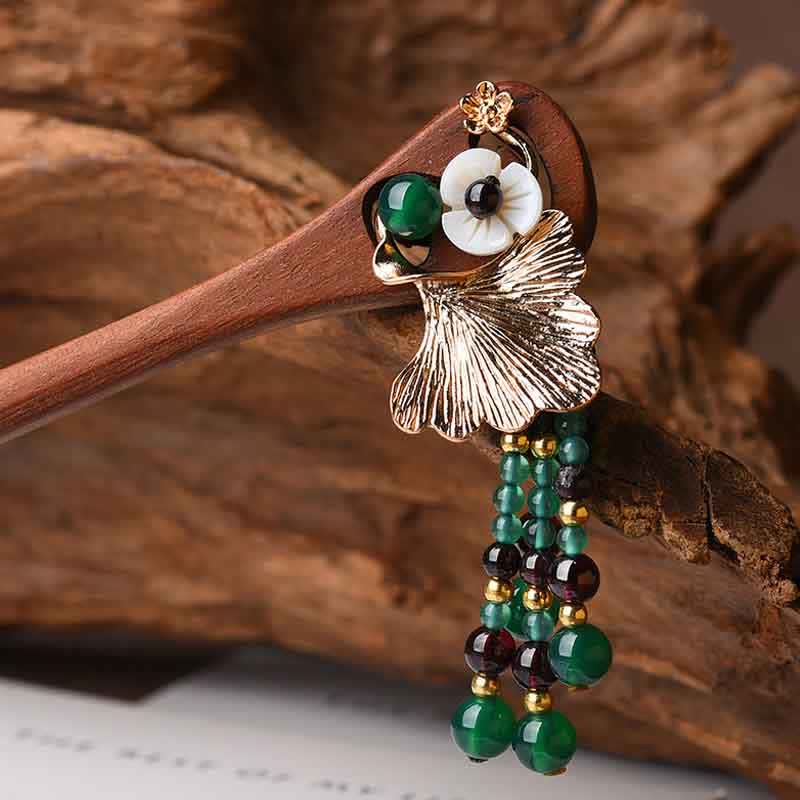 Red Sandalwood Green Agate Hairpin, wooden hairpin with gold ginkgo leaf on decorative paper