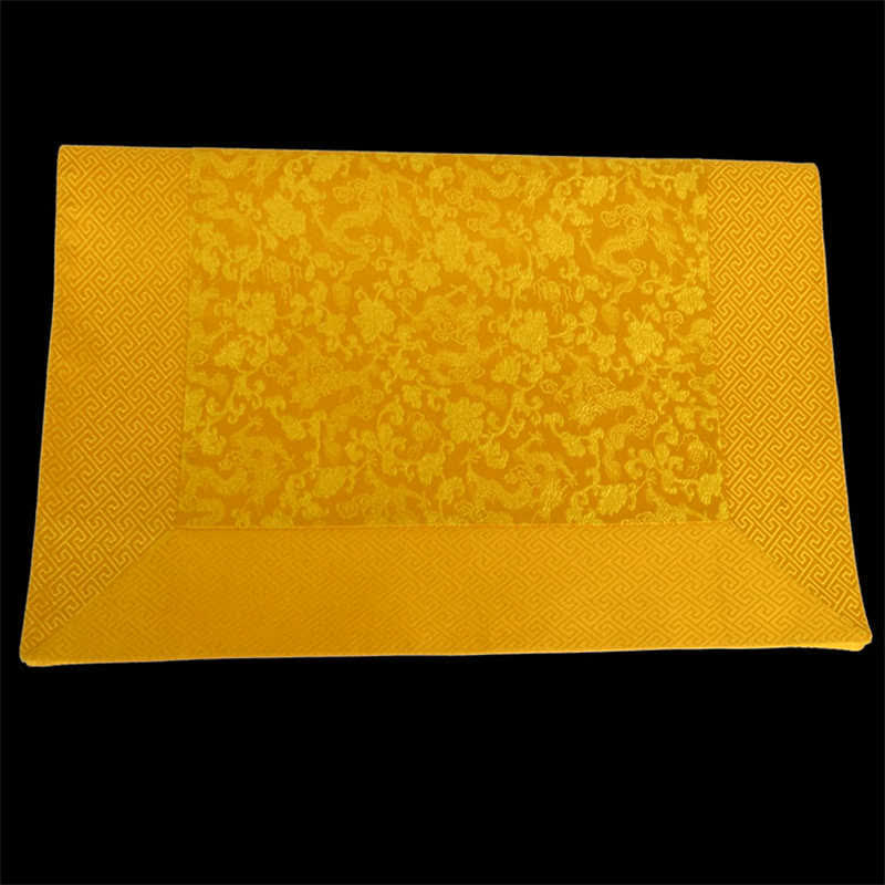 Tibetan Dragon Prayer Mat - Imperial yellow silk brocade with dragon and peony motifs, geometric fret border, Harmony