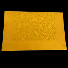Tibetan Dragon Prayer Mat - Imperial yellow silk brocade with dragon and peony motifs, geometric fret border, Harmony