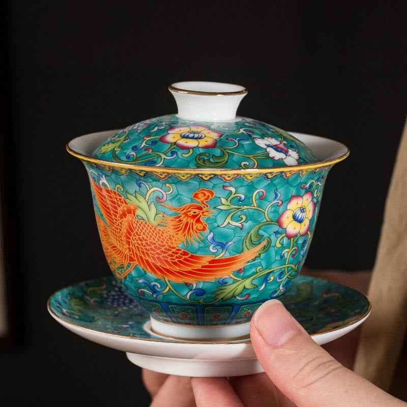 Dragon Phoenix Flower Gaiwan Tea Set – Turquoise phoenix gaiwan with hand, gold-rimmed enamel on black, ceremonial